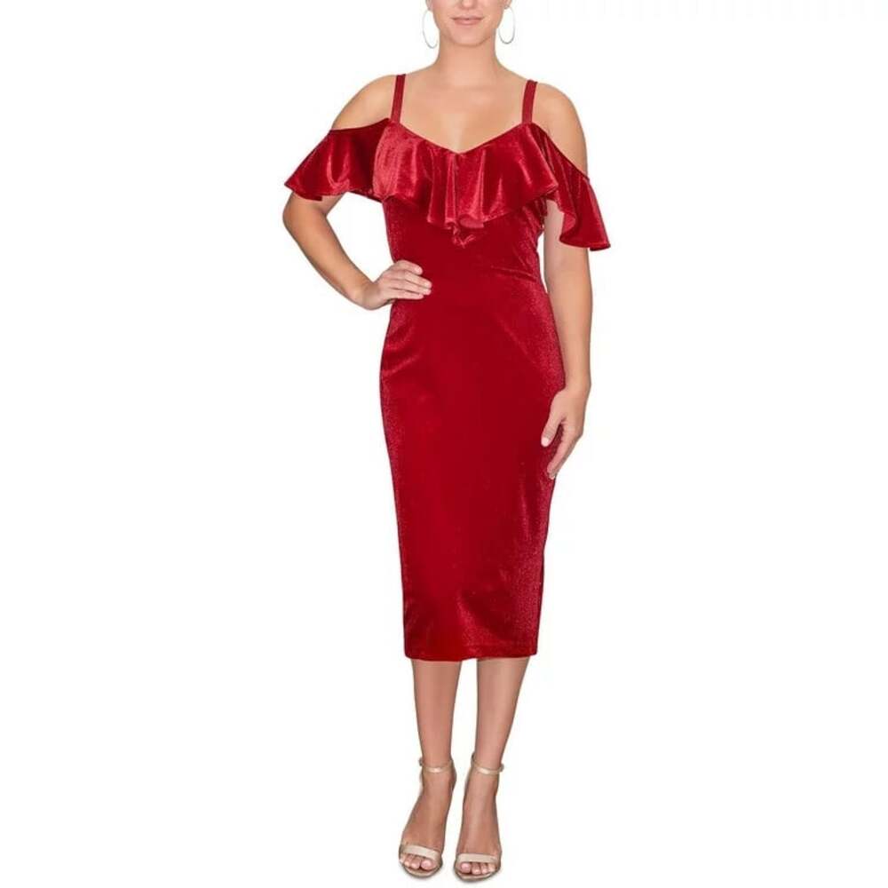 NWT Rachel Roy Red Cold Shoulder Ruffle Bodycon Midi Dress Size XL